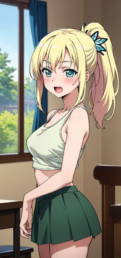 (best quality:1.1), (masterpiece:1.4), (absurdres:1.0), portrait,
1girl, kashiwazaki sena, butterfly_hair_ornament, blonde_hair, long hair, medium breastsclassroom, open_mouth, (blush:1.2), happy, cropped tank top,  skirt,( ponytail), cowboy_shot 
