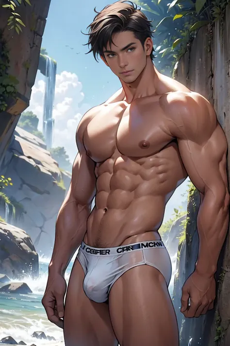 (corpo todo)(Photo angle from bottom to top) Garoto de anime, 13 anos, rosto fofo, solid body,topless, sem camisa , suor abundante escorrendo,He was wearing tight White Calvin Klein underwear and curved legs., perfect , male , correct male scrotum, perfect...