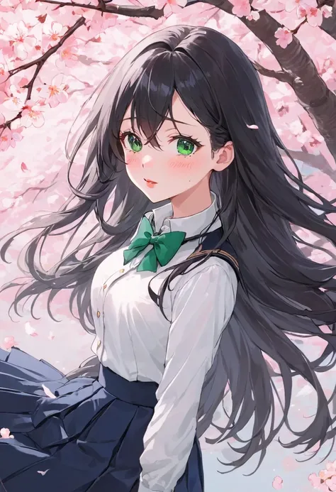 A stunningly beautiful anime girl with long, flowing raven hair cascading down her back. Her large, captivating eyes are a vibrant shade of emerald green, framed by long, lashes that seem to beg for attention. She has a , yet curvy figure that is accentuat...