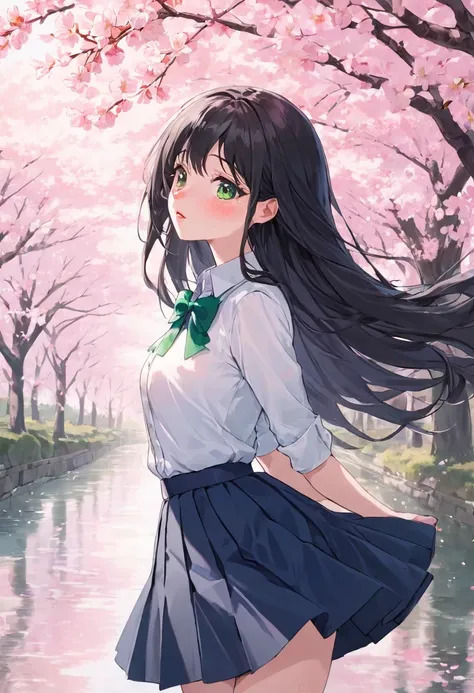 A stunningly beautiful anime girl with long, flowing raven hair cascading down her back. Her large, captivating eyes are a vibrant shade of emerald green, framed by long, lashes that seem to beg for attention. She has a , yet curvy figure that is accentuat...