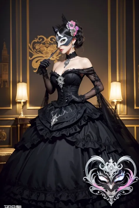 Black cat motif、Black and silver tones、Vibrant colors、((​masterpiece)))、(((top-quality)))、((ultra-detailliert))、(A hyper-realistic)、(highly detailed CGillustration）、Official art、Rome in the late 19th century、Decadent、Madame Chat Noir、Masquerade、Elegance、Ma...