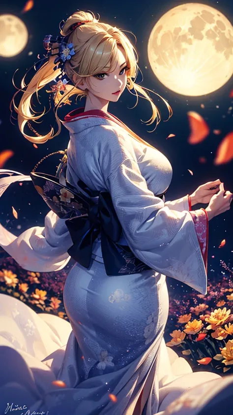 masterpiece, high quality, 4K, Beautiful design, silhouette，blonde， 非常に詳細な夜のStarry Sky,Flower Field， wonderful, Finer details,  Very knowledgeable woman, Highly detailed solo, 1 female,Big Breasts，Big Ass，Underwear Line，Yukata in white color，Night view，Sta...