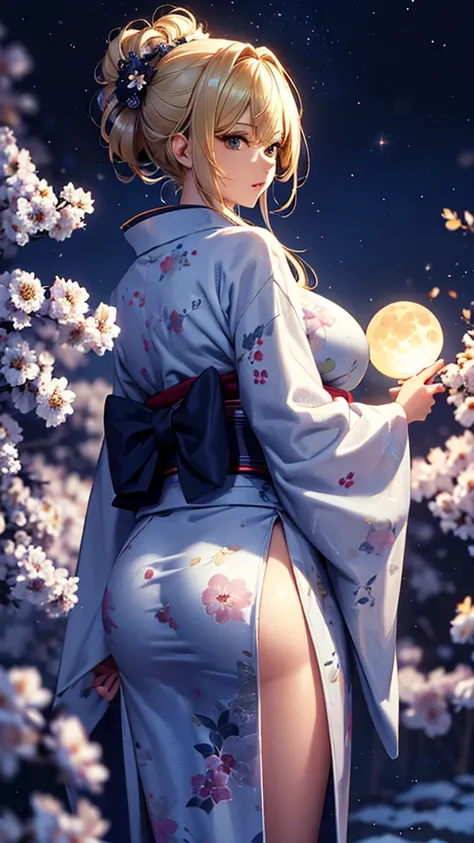 masterpiece, high quality, 4K, Beautiful design, silhouette，blonde， 非常に詳細な夜のStarry Sky,Flower Field， wonderful, Finer details,  Very knowledgeable woman, Highly detailed solo, 1 female,Big Breasts，Big Ass，Underwear Line，Yukata in white color，Night view，Sta...