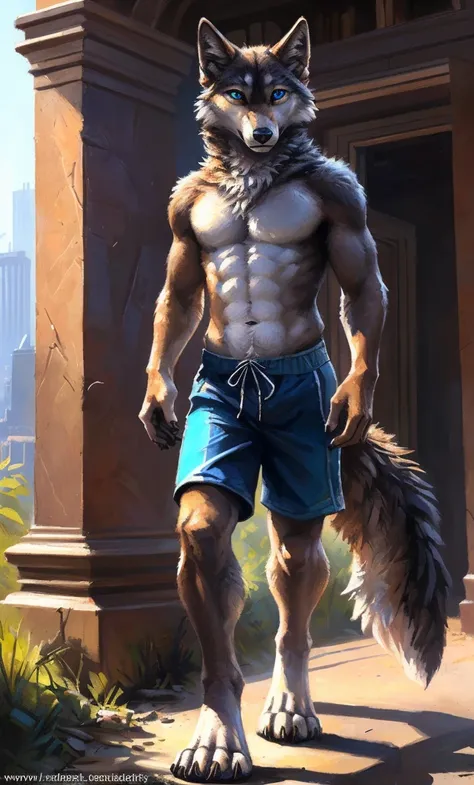 ((Solo)), male people, anthro wolf, (Multi-colored fur, White-brown:1.3，White tail pointed), (Height 2.1m,Tail length 1.2m), ((Wolf face, Big eyes, White eyelids, Blue pupil, Slim:1.2) (Tough, Calm expression:1.2)), Abs, Slim, pinging)), (Correct anatomy),...