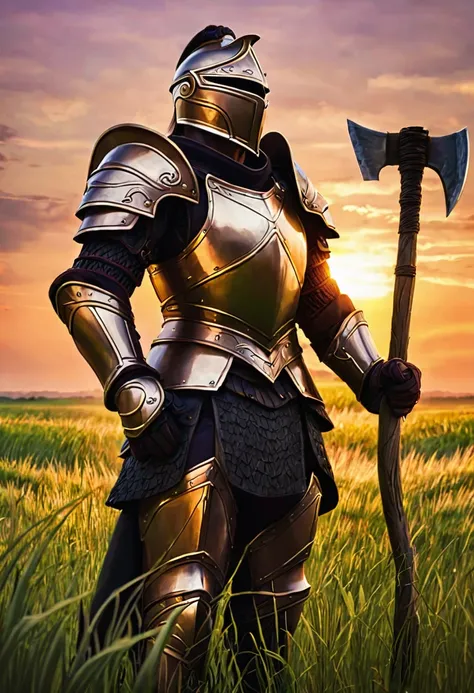 minotour wearing bronze armour, holding axe. standing in field full of long grass, at sunset.