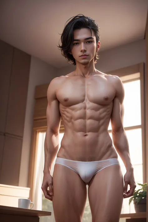 (corpo todo)(Photo angle from bottom to top) Garoto de anime, 13 anos, rosto fofo, solid body,topless, sem camisa , suor abundante escorrendo,He was wearing tight White Calvin Klein underwear and curved legs., perfect , male , correct male scrotum, perfect...