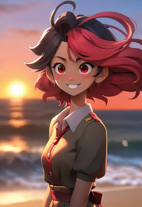 1 Girl, Wearing an eye patch,Smile, Ocean滩,(Sunset:1.1),  Akagi_return(denchi project), Solitary,  Star Hair Accessories, Double braid,spark, From the back, look back, huge Sunset,Red floats, , night, Wave, Ocean