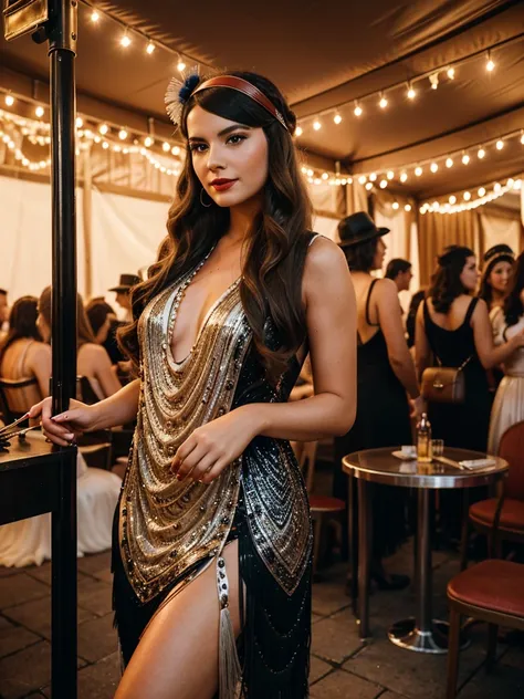 A 25-year-old woman, wear a 1920 tassel sequione flapper dress, adorned with sequins and fringe, event on Governors Island, where attendees dress in period attire and enjoy live jazz music, dancing, vintage cars, and prohibition-era cocktails. It’s a nosta...