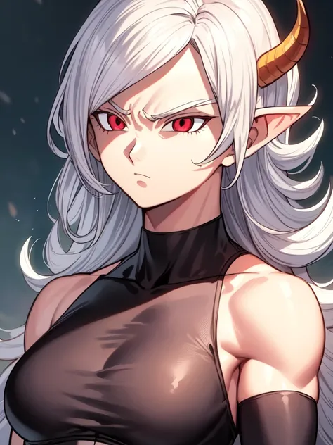 ((in the artstyle of Dragon Ball Z), ((long ears)), ((muscular)), ((long hair)), ((white hair)), ((red eyes)), ((serious expression)), (demonic clothing)), ((red skin)), ((demon woman)), ((complementary colors)), ((mature female)), 1girl, beautifully drawn...