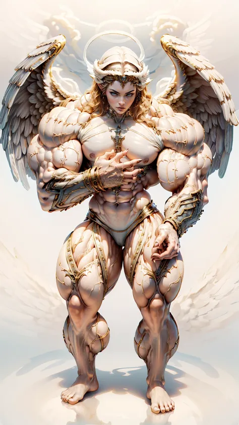 (cara delevingne), ((((((1 muscular angel girl)))))), (((huge upper body))), long hair, ((((huge angelic wings))), (((pale skin))), ((((full body front view)))), (((perfect hands, perfect fingers))), (((empty background)))