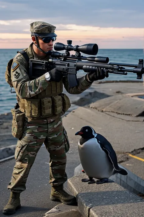 1 soldier with a penguin head shooting with a sniper gun, estilo cartoon