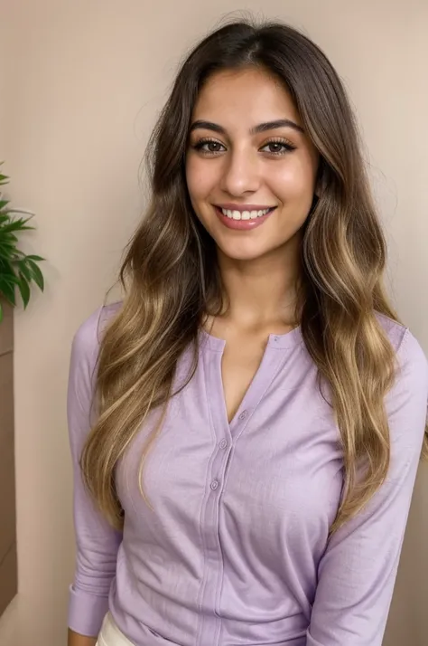 24YO,one attractive Jordanian women, purple shirt, cute smile, cute face, white teethes, skinny face, light brown eyes, small nose, black/blonde long hair