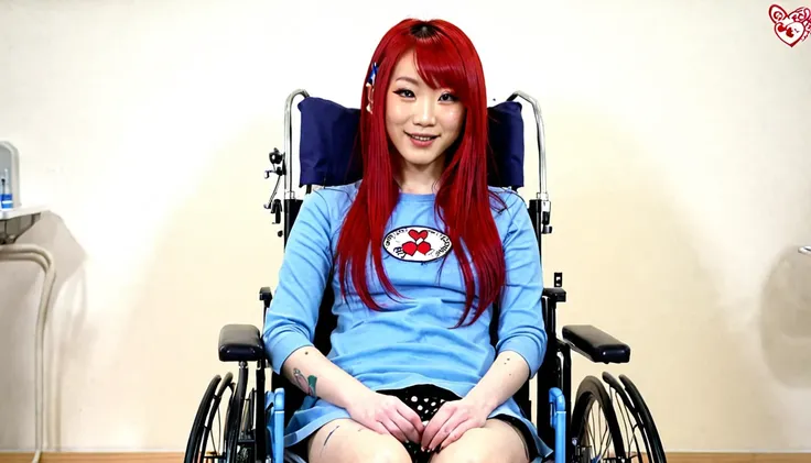 Uhd, photo of Cami, subject: Noriko, 1/2 Japanese 1/2 Hainu skinny girl with long red hair in a 2/00 large wheelchair, blue+++ eyes, oval face, LGBTQIA+, queer, punk style, dressed in colors,t buttefly hairclip, tattooes, during a blood draw, donating her ...