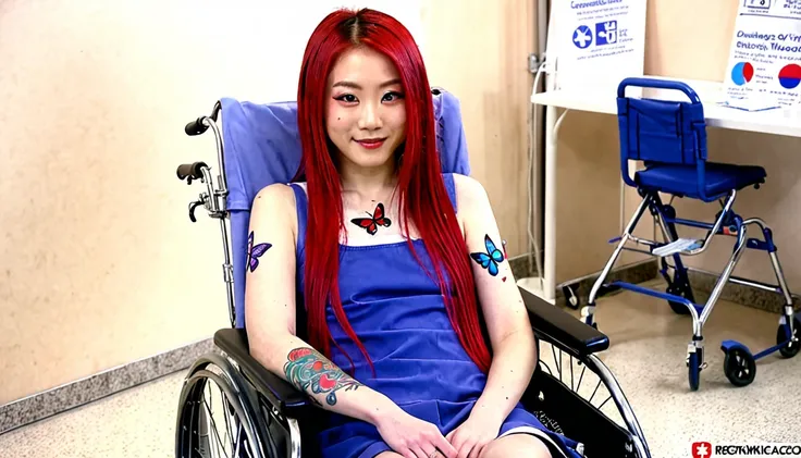 Uhd, photo of Cami, subject: Noriko, 1/2 Japanese 1/2 Hainu skinny girl with long red hair in a 2/00 large wheelchair, blue+++ eyes, oval face, LGBTQIA+, queer, punk style, dressed in colors,t buttefly hairclip, tattooes, during a blood draw, donating her ...