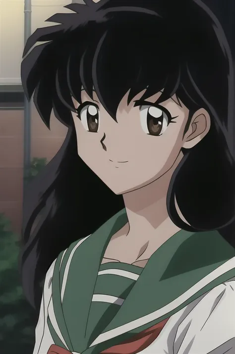 kagome, 1girl, solo, long_hair, looking_at_viewer, smile, short_hair, bangs, shirt, black_hair, hair_between_eyes, brown_eyes, c...