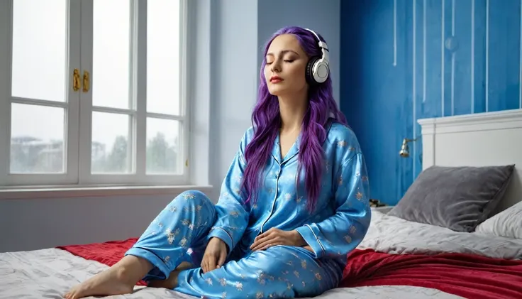 hdr digital image, 8k, a room blue walls, sitting on the bed, red bedspread, in pajamas, white ivory columns with gold, a beautiful woman, 24 years old, long purple hair, headphones, eyes closed near a large window big open, with rain outside. neon blue ro...