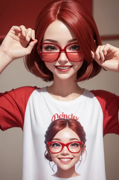 Create a 3D illustration of a happy white character. O personagem deve usar uma blusa vermelha, cabelo curto e castanho, olho levemente puxado, smile on your face and wearing red glasses