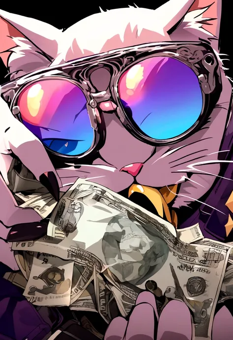 Portrait of a cat with sunglasses and a gun spitting out dollar bills in his hand