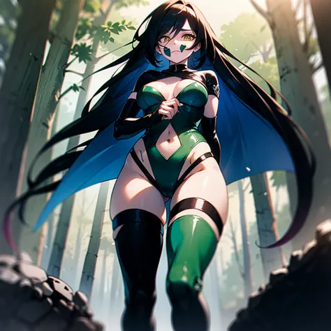 (dark hair with slight blue hue, long hair) , yellow slit eyes, in forest, tight leotard open from cleavage to below navel, large breast hardly contained, small green cape over her right shoulder, thigh-high boots, green gloves, snake tattoo on left leg an...