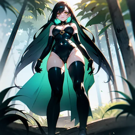 (dark hair with slight blue hue, long hair) , yellow slit eyes, in forest, tight leotard open from cleavage to below navel, large breast hardly contained, small green cape over her right shoulder, thigh-high boots, green gloves, snake tattoo on left leg an...