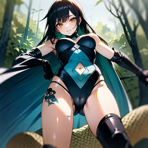 (dark hair with slight blue hue, long hair) , yellow slit eyes, in forest, tight leotard open from cleavage to below navel, large breast hardly contained, small green cape over her right shoulder, thigh-high boots, green gloves, snake tattoo on left leg an...