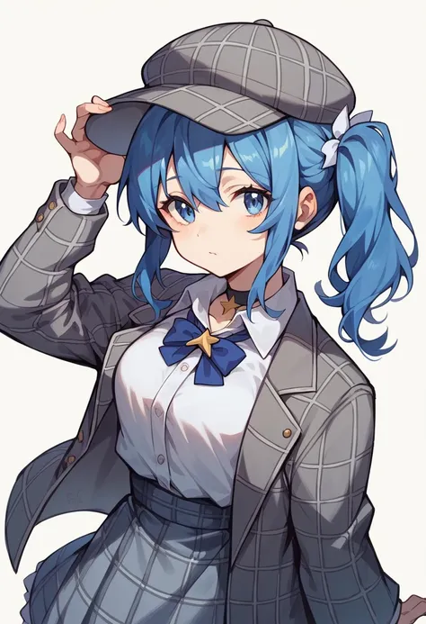 {{{hoshimachi suisei}},{1girl}, blue hair, side ponytail, star choker,, grey plaid jacket, grey plaid headwear, plaid dress, collared shirt