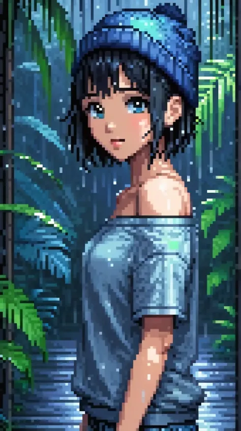 pixel art, Pixel sorting, Masterpiece, cute girl pictures, Heavy rain in the tropical forest, Blue-gray atmosphere, 1 girl, loose shirt, Fewer shoulders, off shoulder, covered nipples, beanie hat, lips, nose, black hair, short hair, black background, seduc...