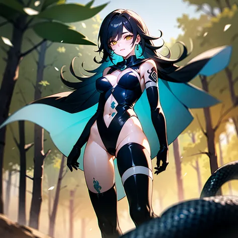 (dark hair with slight blue hue, long hair) , yellow slit eyes, in forest, tight leotard open from cleavage to below navel, large breast hardly contained, small green cape over her right shoulder, thigh-high boots, green gloves, snake tattoo on left leg an...