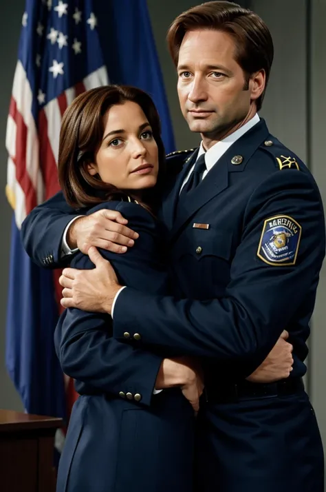 Fox Mulder in an FBI uniform showing his badge and with an alien hugging him 