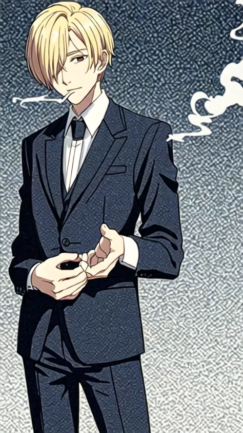 1 man, with blond hair covering one eye, wearing a suit, and smoking 