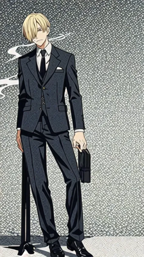 1 man, with blond hair covering one eye, wearing a suit, and smoking 