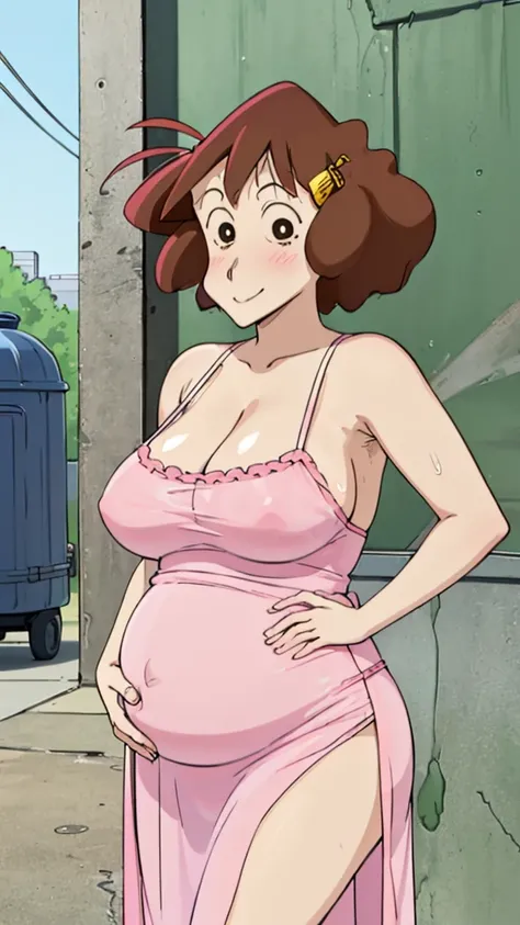 Misae Nohara, (Auntie:1.5), (Mature Woman:1.5), (absurderes, 8K, 4K, masutepiece, hyper extreme detailed:1.2), Best Quality, Perfect Anatomy,Perfect face,High humidity, (Huge breasts:1.7), (A sheer pink nightgown:1.4), (Wet:1.2), (.Alley:1.3), Graffitied w...