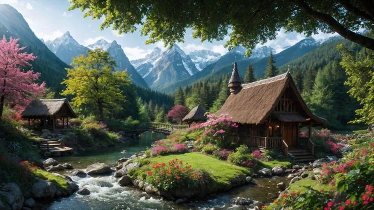 There is a hut under the big tree, beside of the stream, two boat in the water, mountain background, , flowers beside fence, masterpiece, best quality, high quality, extremely detailed CG unity 8k wallpaper, An enchanting and dreamy scene of a fantasy fore...