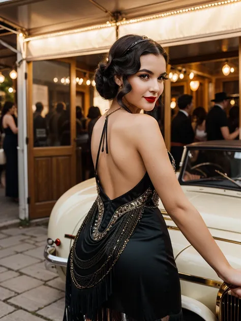 A 25-year-old woman, wear a 1920 tassel sequione flapper dress, adorned with sequins and fringe, event on Governors Island, where attendees dress in period attire and enjoy live jazz music, dancing, vintage cars, and prohibition-era cocktails. It’s a nosta...