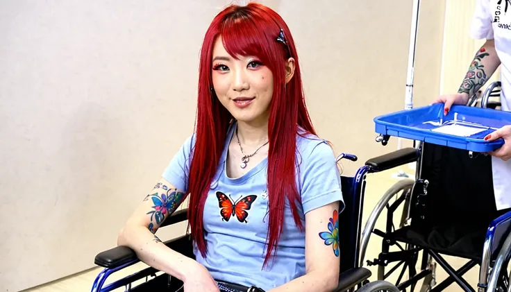 Uhd, photo of Cami, subject: Noriko, 1/2 Japanese 1/2 Hainu skinny girl with long red hair in a 2/00 large wheelchair, blue+++ eyes, oval face, LGBTQIA+, queer, punk style, dressed in colors,t buttefly hairclip, tattooes, during a blood draw, donating her ...