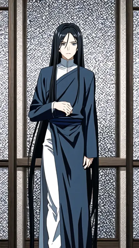 1 boy, with long black hair with blue highlights, blue eyes, 