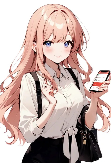 Background of the Stock Investment Chart　Japanese　20th Generation　woman　holding a smartphone　Long hair smiling