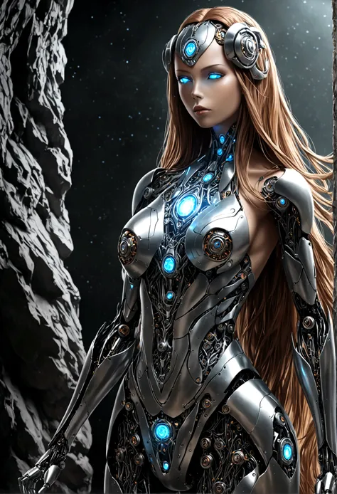 Studio Photo, beautiful robotic metal woman standing alone, Bizarre fantasy images, Strange glowing rock, beautiful, detailed, long flowing hair, Medium chest, Great skin texture