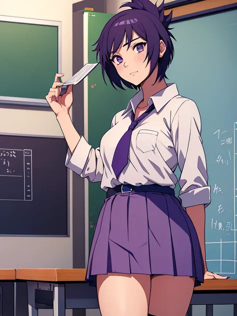 1women, as a highschool girl, wearing Japanese highschool uniform with white shirt and blue colour skirt, at a classroom, purple colour short hair, 8k, high detailed, high quality
