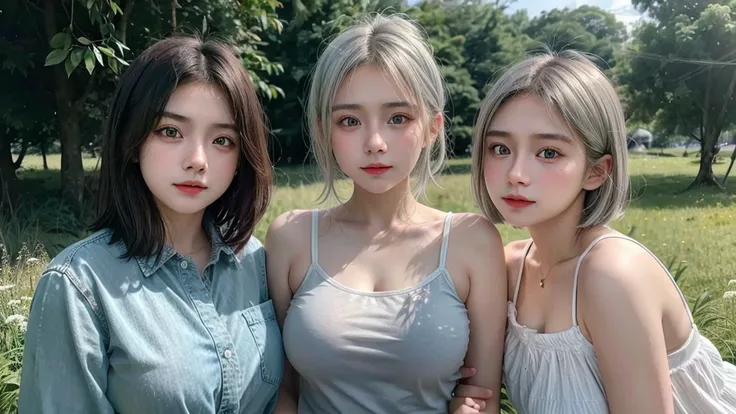 (4 Girls), Indonesian baby face, 20 years old,short hair, white skin, big breast,  green eyes, meadow, silver hair,  8k,  The details are very realistic..., There is a lot of light..., The best of taking photos wearing jeans.(3 girls)