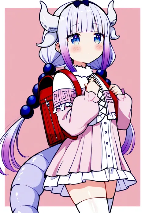 1girl, kanna kamui, beads, blue eyes, blush, border, closed mouth, cowboy shot, dragon girl, dragon horns, dragon tail, dress, fur trim, hair beads, hair ornament, holding strap, horns, koharu hako, long hair, long sleeves, low twintails, outside border, p...