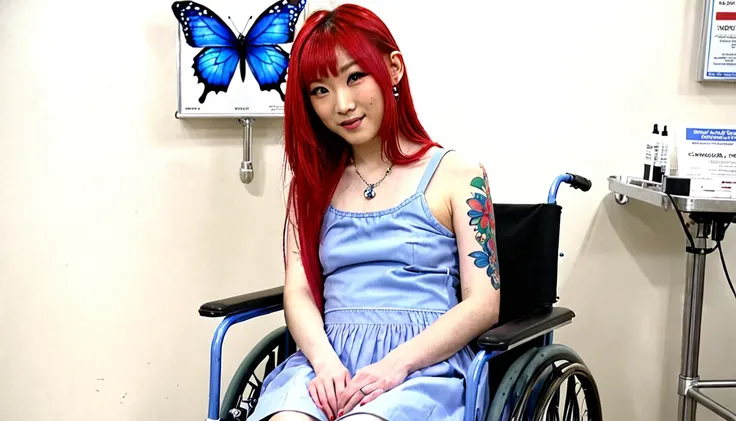 Uhd, photo of Cami, subject: Noriko, 1/2 Japanese 1/2 Hainu skinny girl with long red hair in a 2/00 large wheelchair, blue+++ eyes, oval face, LGBTQIA+, queer, punk style, dressed in colors,t buttefly hairclip, tattooes, during a blood draw, donating her ...