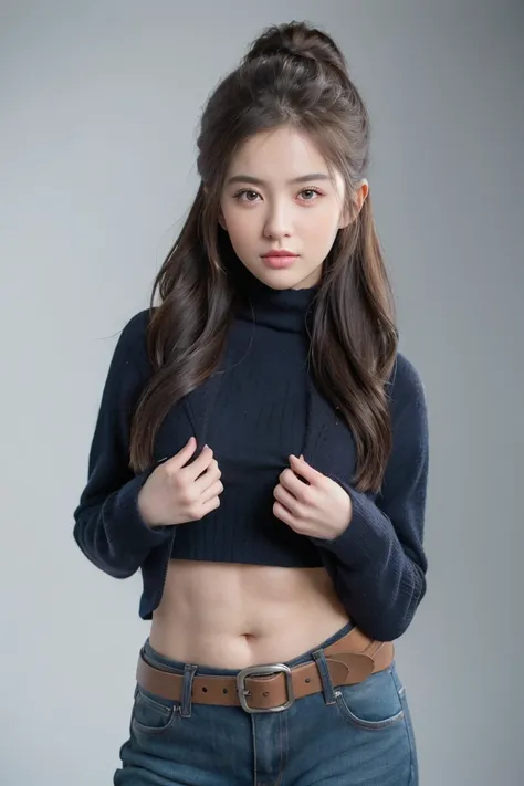 girl in winter scene, Short belly down jacket, Exposed lower abdomen，Low-rise pants, Metal belt, Seven-point lens, The abdomen is completely exposed, Detailed facial features, beautiful eyes, Lips, and long eyelashes, Reality, 8K, Very detailed, Studio Lig...