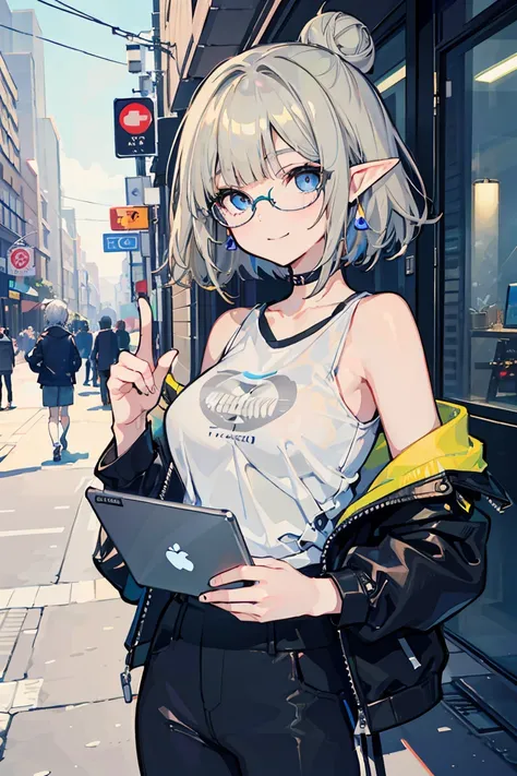 (1 Elf girl),  (beautifulエルフの女の子), (super high quality), Glasses, laptop, Cafe, sit, masterpiece, Casual Scene, Selfie, Grinning, Relaxed atmosphere, she wears fashionable clothes, Stylish jacket and pants,Street atmosphere, urban environment. Perfect body...