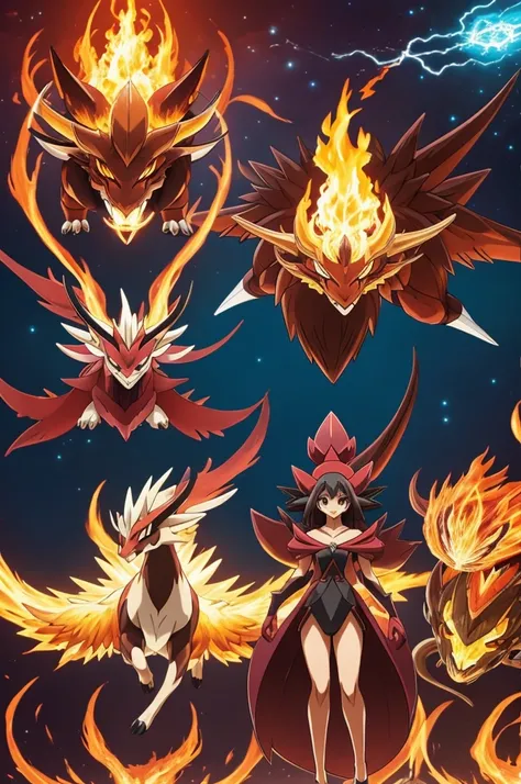 Crea tres pokemon con tres fases evolutivas tipo fuego basados en un ciervo en estilo anime, where the first evolutionary phase is tender and the last evolutionary phase is elegant 