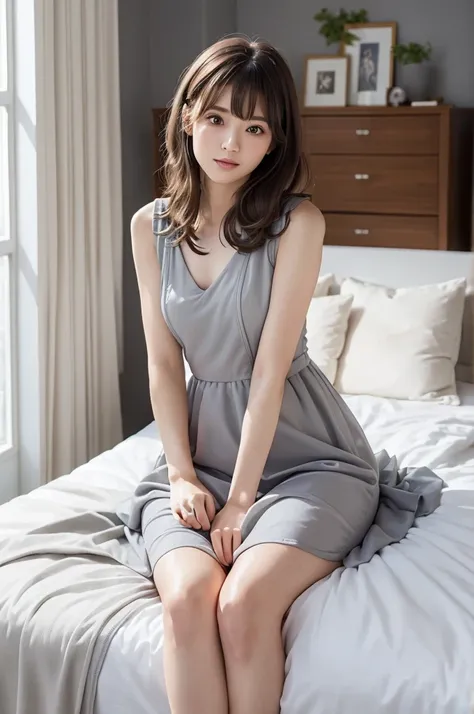 (Highest quality:1.9)、(High resolution)、Live-action image quality、((Neat and clean female college student、1 person))、Soft lighting by a professional photographer、Natural light、((Very spacious white luxurious room:1.6))、((Bright white room:1.6))、(Sitting on...