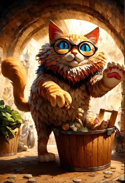  cartoon cat standing upright holding dollars in one paw, wearing glasses, holding a Bucket, detailed fur textures, whimsical expression, anthropomorphic, dynamic pose, vibrant colors, 4k, high quality, intricate details, photorealistic, award winning illu...