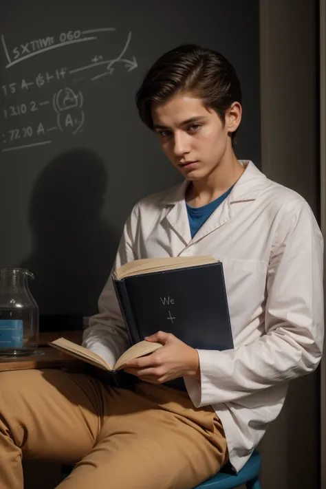 A young, cute, beautiful male twink with black hair, wearing a luxurious white long-sleeved shirt and blue pants, and he is in his private scientific office, and behind him is a blackboard with calculus written on it, and neon energy comes out of it with c...