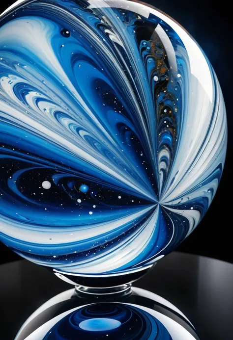 A giant blue marble hurtling through cymatic space、Beautiful luster and texture of marbles、The beauty of space reflected in marbles、Dynamic marble explosions、Cyber-feel of Cymatic Space、real photography,surreal depiction,A perspective centered on the giant...