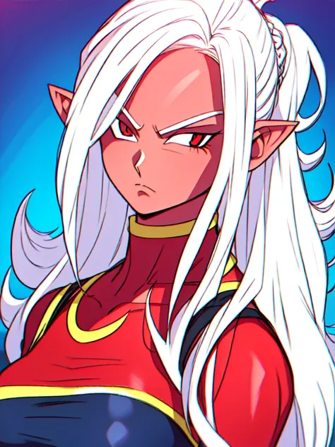 ((red skin)), ((in the artstyle of dragon ball z), ((long ears)), ((curvy body)), ((ponytail hairstyle)), ((hair over one eye)),...